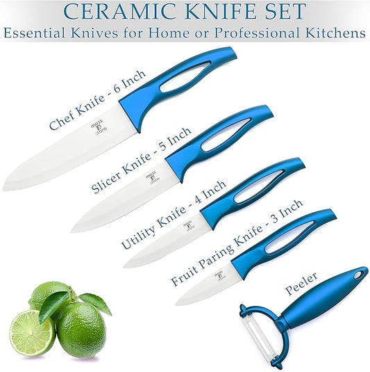 Moss & Stone Kitchen Cutlery White Ceramic Knife Set, Ceramic Knife Set and Fruit Peeler, Rust Proof & Stain Resistant, Kitchen Cooking Knife Set 5 pieces Blue Knives
