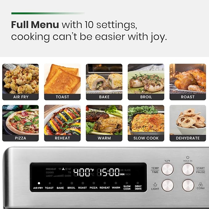 VAL CUCINA Infrared Heating 26.3 QT Air Fryer Toaster Oven, Large Countertop Convection Oven 10-in-1 Combo, 6-Slice Toast, Enamel Baking Pan Easy Clean with Recipe Book, Brushed Stainless Steel Finish