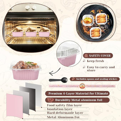 YQER 60 Pack 10oz Mini Cake Pans with Lids, Spoons, Stickers - Disposable Square Brownie Baking Cups - Individual Small Aluminum Foil Loaf Tins for Muffin, Ramekins, Cupcake - Catering, Gift, Pink