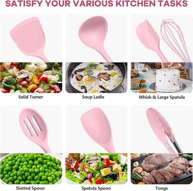TeamFar Kitchen Cooking Utensils, 10 pcs Silicone Cooking Utensils Set, 446°F Heat Resistant Kitchen Gadgets Tools Set w/Spatula, Turners, Spoons, Soup Ladle, Pasta Server for Nonstick Cookware, Pink