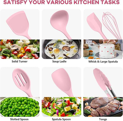 TeamFar Kitchen Cooking Utensils, 10 pcs Silicone Cooking Utensils Set, 446°F Heat Resistant Kitchen Gadgets Tools Set w/Spatula, Turners, Spoons, Soup Ladle, Pasta Server for Nonstick Cookware, Pink