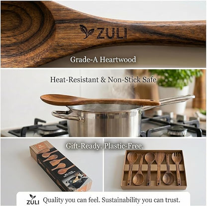 6-Piece Teak Wooden Cooking Utensil Set – Wooden Spoons & Spatulas for Nonstick Cookware, Non-Toxic Eco-Friendly Kitchen Tools– Ideal Father Day Gift for Dad!