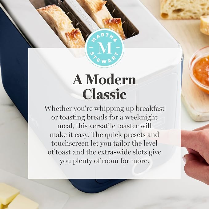 Martha Stewart 2 Slice Toaster, 10 Shade Settings with Defrost, Cancel, Bagel & Gluten-Free, Extra-Wide Self-Centering Slots for Waffles & Artisan Bread, Removable Crumb Tray, Cord Wrap, Indigo Blue