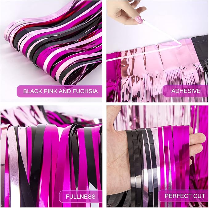 LOLStar 3 Pack Cartoon Mouse Birthday Party Supplies,3.3x6.6 ft Black Pink Fuchsia Tinsel Foil Fringe Curtains,Cartoon Mouse Photo Booth Prop Streamer Backdrop, Kawaii Party Decoration for Girls Baby
