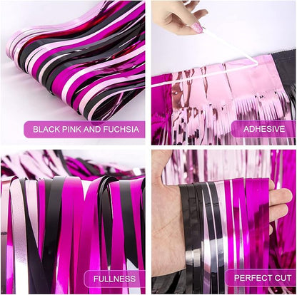 LOLStar 3 Pack Cartoon Mouse Birthday Party Supplies,3.3x6.6 ft Black Pink Fuchsia Tinsel Foil Fringe Curtains,Cartoon Mouse Photo Booth Prop Streamer Backdrop, Kawaii Party Decoration for Girls Baby