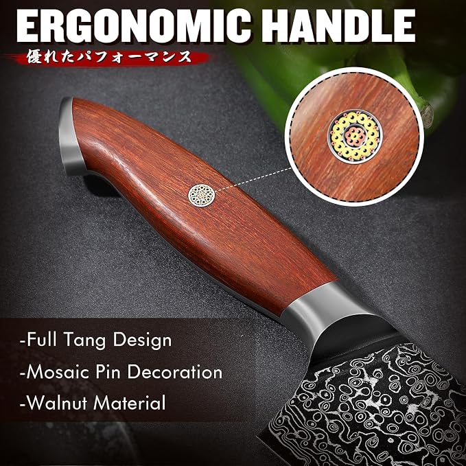 Freelander 8.5 inch Damascus Chef Knife with VG10 Core – Full Tang Construction with 4.9 inch Walnut Handle and Mosaic Pin – Premium Cooking Knife for Precision and Power