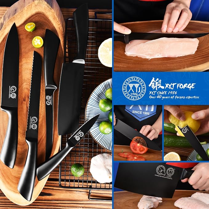 XYJ Knives,Professional Knife Sets for Master Chefs,Meat Cleaver Butcher for Camping,Chef Knife Set with Bag (Full Black)