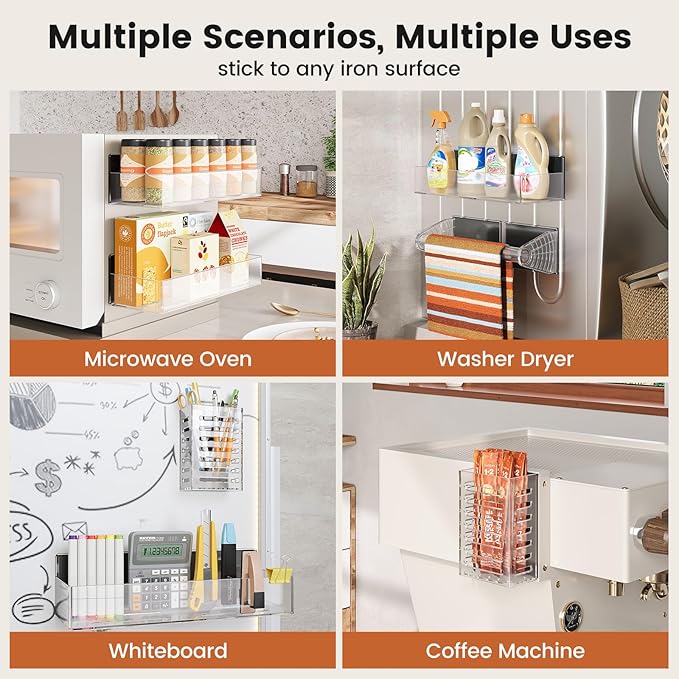 Mystozer Magnetic Spice Rack for Refrigerator,4 Pack Magnetic Shelf,Fridge Magnet Organizer with Paper Towel Holder and Utensils Racks,Fridge Organizers and Storage Clear(4 Pack)