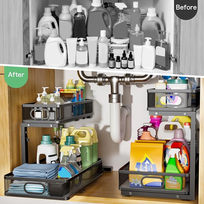 Under Sink Organizer, High Adjustable 2 Tier Under Sink Organizers and Storage, Slide out Metal Cabinet Organizers, Pull out Storage Drawer Shelf for Kitchen Bathroom Cabinet (1, Black)