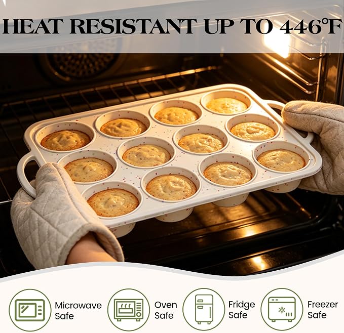 3 Pcs Silicone Baking Pan Set with Metal Reinforced Frame- Including Mini Loaf Pan, Standard Muffin Pan and Mini Muffin Pan（Cream）
