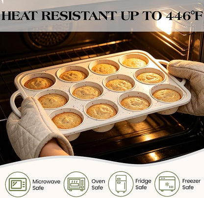 3 Pcs Silicone Baking Pan Set with Metal Reinforced Frame- Including Mini Loaf Pan, Standard Muffin Pan and Mini Muffin Pan（Cream）