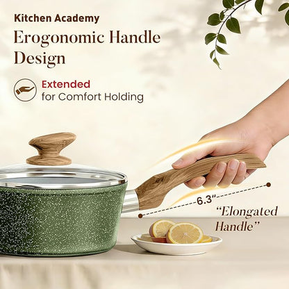 Kitchen Academy Non Toxic Pots and Pans Set Non Stick - 12 Piece Induction Cookware Sets, Green Granite Nonstick Cooking Pot and Pan, PFOA&PFOS Free