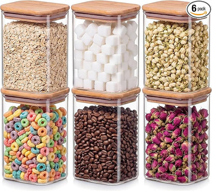 6-Pack 1.2Qt Rectangle Glass Storage Jars with Bamboo Lids | Minimalist Kitchen Organizer,Pantry Storage Container,Food Storage Container,Scandinavian Style Storage,Nordic Style Storage