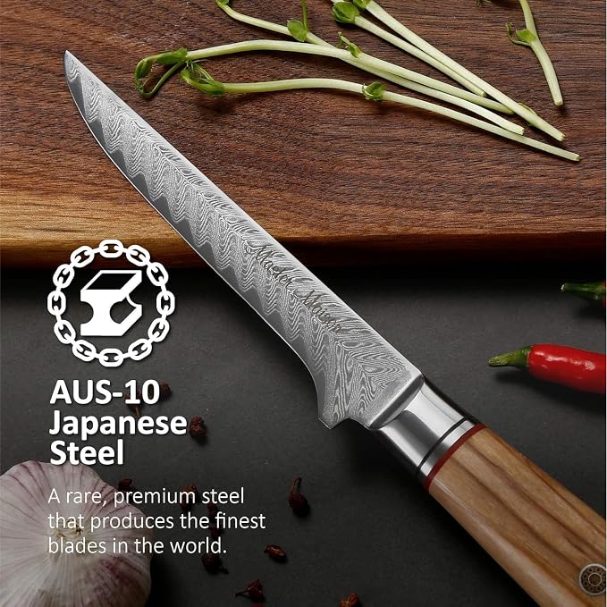 Master Maison 6" Damascus Steel Fillet Knife With Full-Tang Handle, Sheath, Sharpening Stone, Storage Box & Drying Cloth | AUS-10 Japanese Stainless Steel Ultra Sharp Filleting & Boning Knife For Fish