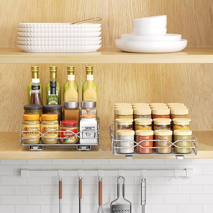 Pull Out Spice Rack Organizer for Cabinet, Slide Out Spice Organization for Cabinet Storage for Spices, Bottles & Jars, Sliding Spice Shelf for Narrow Kitchen Cabinets, Pantry, 8.5"W x 10.5"D x 2.5"H
