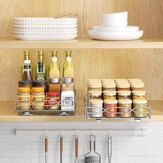 Pull Out Spice Rack Organizer for Cabinet, Slide Out Spice Organization for Cabinet Storage for Spices, Bottles & Jars, Sliding Spice Shelf for Narrow Kitchen Cabinets, Pantry, 8.5"W x 10.5"D x 2.5"H