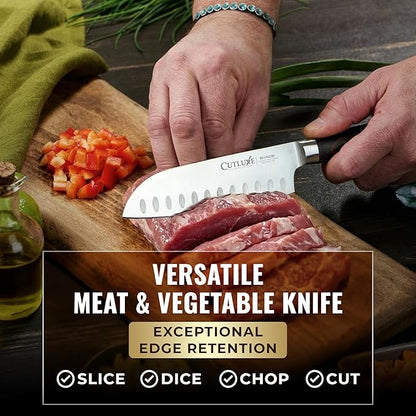 Santoku Knife – Ultra Sharp 5 Inch Meat and Vegetable Japanese Knife for Chopping, High Carbon Stainless Steel Blade, Full Tang Pakkawood Handle – Shinobi Series
