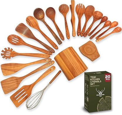 20 Pcs Teak Wooden Utensil Set – Premium Cooking Utensils Set, Natural Wooden Spoons for Cooking - Sturdy Kitchen Utensils & Cooking Spoons for Every Chef