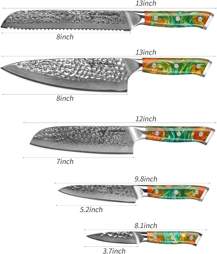 Kitchen Cooking Knife Set - 5 Pieces Chef Knives- Forged Damascus Steel & Resin Handle - Yao Series