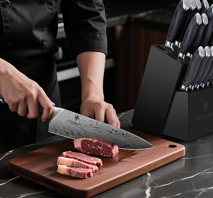 16 Pieces Knife Set, Knife Block Set in Powder Steel, Ultra Sharp Kitchen Knives Set, High Hardness Japanese Knife Set with Ergonomic Pakkawood Handle, Chef Knives Set for Kitchen Cooking