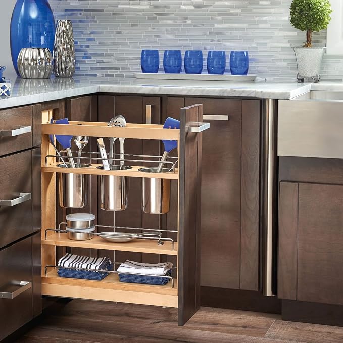 Rev-A-Shelf Maple Pullout Utensil Organizer with 3 Bins & BLUM Soft-Close Full Extension Slides, for Full-Height Base Cabinets, Adjustable Shelves, Min Opening Width of 5.5", 448UT-BCSC-5C