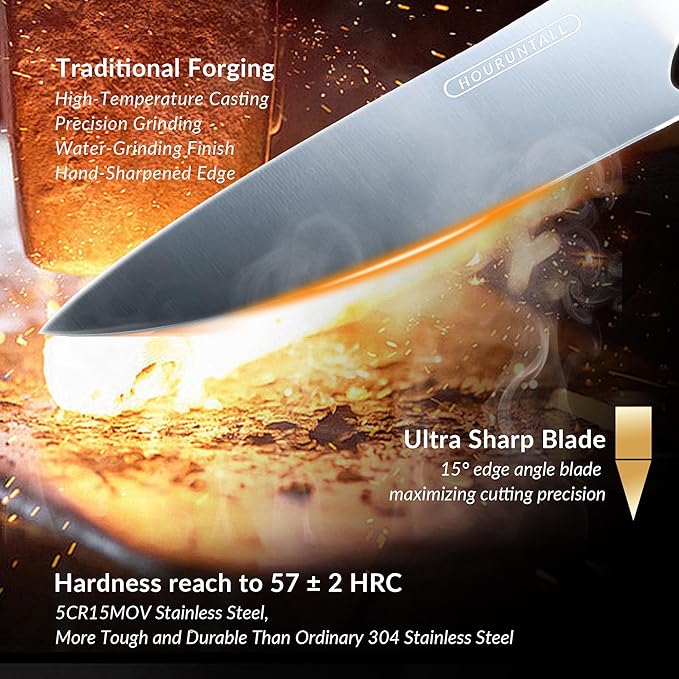 8 Inch Chef Knife with Innovative Safety Notch, Forged 5CR15MOV High Carbon Stainless Steel Kitchen Knife, Ultra Sharp Vegetable &Meat Cleaver with Ergonomic Wood Handle for Pro Chefs