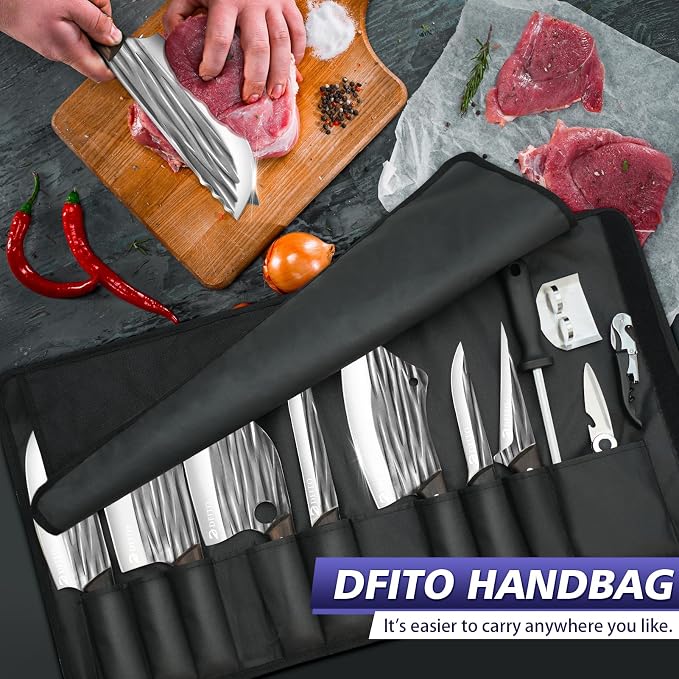 Dfito Butcher Knife Set with Roll Bag, 14 in 1 Professional Chef Knife Set, Hand Forged Bone Chopping Knives & Meat Cleaver Knife & Fillet Knives for Home & Camping & BBQ, Gifts for Men Women
