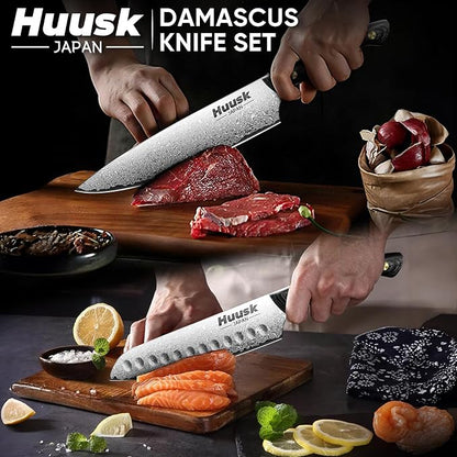 Huusk Damascus Chef Knife Set 3 PCS，VG10 Santoku Knives set，Damascus Kitchen Utility Knives set with Ebony Handle, Paring Knives Set for Meat Vegetable Fruit, Christmas Gift for Men and Women