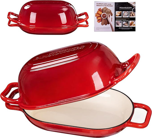 Oval Dutch Oven for Bread Baking, 12 x 8 Inch Cast Iron Bread Oven for homemade bread, Sourdough Dutch Oven Bread baking Pan for a Crispy Crust, 5QT, Cherry