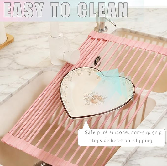 Roll up Dish Drying Rack Over the Sink, Silicone Wrapped Stainless Steel, 17" x 13", Pink, Heat Resistant, Foldable