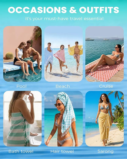 Antfuny 6 Packs Checkered Plaid Turkish Beach Towel Beach Sandproof Fast Drying Extra Large Palm Spring Cabo San Lucas Venice Trip Essentials Pueto Vallarta Nassau Cosaster Accessories Gift