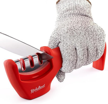 4-in-1 Kitchen Knife Accessories: 3-Stage Knife Sharpener Helps Repair, Restore and Polish Blades and Cut-Resistant Glove