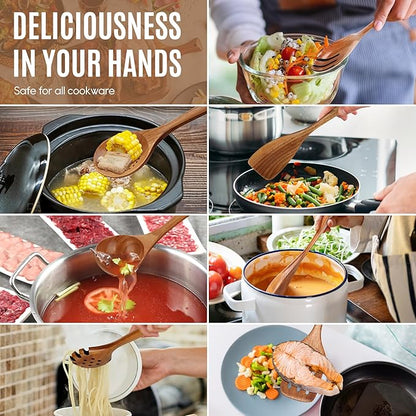 7 PCS Wooden Spoons for Cooking Natural Teak Kitchen Utensils Smooth Non-Stick Surface Cooking Utensils Set Soft Comfort-Grip Wooden Utensils for Cooking