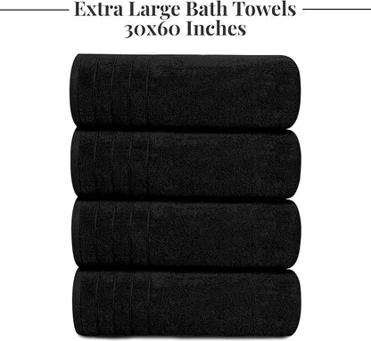 Tens Towels Pack of 4 Extra Large Bath Towels 30 x 60 Inches, 100% Cotton, Larger & Lighter Weight, Quicker to Dry, Super Soft and Absorbent, Perfect for Bathroom, Black