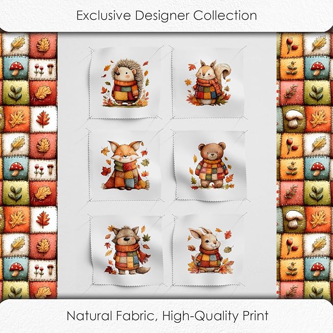 Autumn Animals Patchwork Cotton Fabric Panel – 6 Designs (10×10 inch Each) + Bonus Patchwork Sheet 29.5×19.6 inch, 100% Cotton 140 GSM
