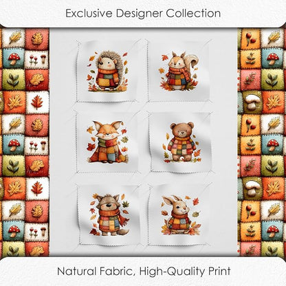Autumn Animals Patchwork Cotton Fabric Panel – 6 Designs (10×10 inch Each) + Bonus Patchwork Sheet 29.5×19.6 inch, 100% Cotton 140 GSM