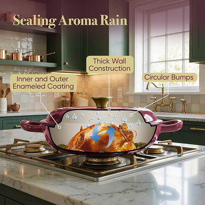 3 Quart Enameled Cast Iron Braiser, Non Stick Enameled Cast Iron Skillet with Lid, Dutch Oven Skillet with lid up to 500°F for Oven, Stove, Grill, Shallow Dutch Oven for Cook, Bake (Rose)