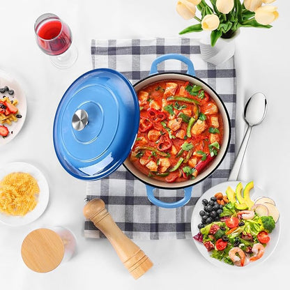 P&P CHEF 5QT Enameled Dutch Oven, Cast Iron Dutch Oven Pot with Lid for Bread Baking, Enameled Casserole Pot for Roasting Braising Stewing Frying Simmering, Various Stoves & Easy Clean, Blue