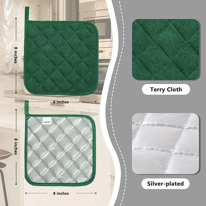 Joyhalo 4 Pack Pot Holders for Kitchen,Cotton Oven Holder with Great Heat Resistance,Non Slip Hot Pads for Kitchen Clearance,Dark Green