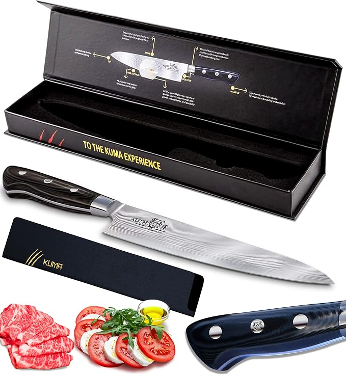 KUMA Professional Damascus Knife - 8 Inch Japanese Chef Knife, AUS10 Core - Corrosion And Stain Resistant - G10 Handle & Sheath Made Of Hardened Carbon steel