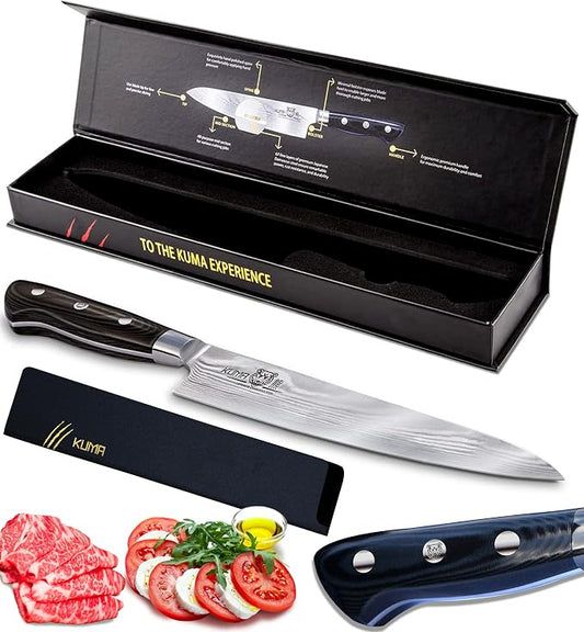 KUMA Professional Damascus Knife - 8 Inch Japanese Chef Knife, AUS10 Core - Corrosion And Stain Resistant - G10 Handle & Sheath Made Of Hardened Carbon steel