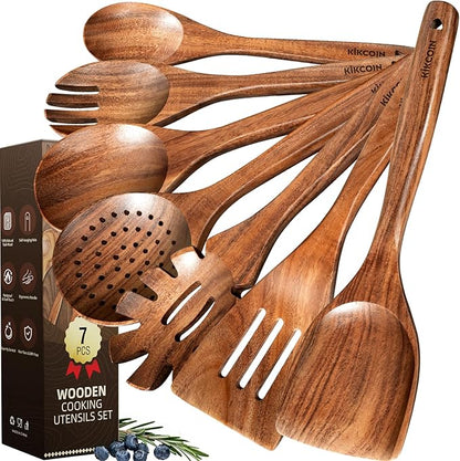 Kikcoin 7 PCS Durable Natural Teak Wooden Cooking Utensils Set, Non Toxic Wooden Spoons for Cooking, Wooden Utensil Set for Cooking with Comfort Grip, Nonstick & Easy to Clean Wood Kitchen Utensil Set