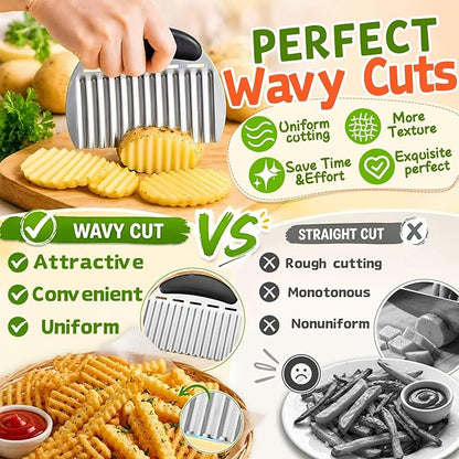 JAYVAR Large Crinkle Cutter French Fry Cutter, Large Crinkle Potato Slicer Wavy Chopper, Stainless Steel Wavy Slicer Crinkle Cutting Chopping Tools with Handle for Carrot Vegetable