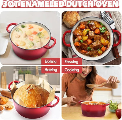 TeamFar 3qt Dutch Oven, Small Enameled Cast Iron Dutch Oven Pot with Lid, For Bread Baking/Stewing/Braising/Frying, Various Stoves & Oven Safe, Non-stick & Easy Clean, Red