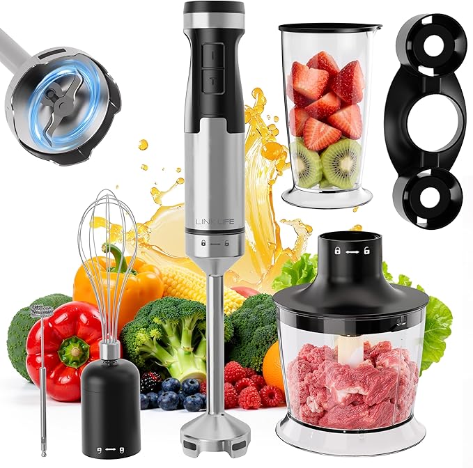 1200W Immersion Blender Handheld, 5-in-1 Variable Speed Emulsifier Hand Blender Stick with Whisk Chopper Milk Frother Mixing Cup and Storage Rack for Kitchen Soup, Purees, Baby Food and Smoothies