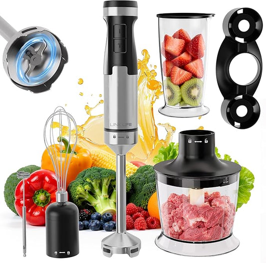1200W Immersion Blender Handheld, 5-in-1 Variable Speed Emulsifier Hand Blender Stick with Whisk Chopper Milk Frother Mixing Cup and Storage Rack for Kitchen Soup, Purees, Baby Food and Smoothies