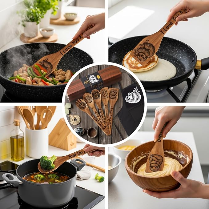Remerry 6 Pcs Sloth Gifts for Women Sloths Kitchen Gift Set with Acacia Cooking Spoons Apron Christmas Kitchen Cooking Utensils Set for Christmas Mother's Day Housewarming Gift