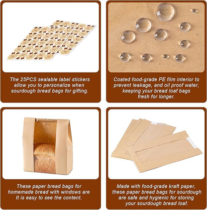 50Pcs Sourdough Paper Bread Bags for Homemade Bread with Window, Includes 50PCS Label Seal Stickers for Food Storage(50% Thicker 13.7x8.3x3.5 in - Large)