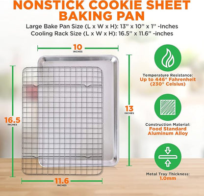 NutriChef Aluminum Baking Sheet w/ Cooling Rack - Thick & Durable Cookie Sheet Tray for Baking Pastries, Cookies, Bacon, & More - PFOS, PTFE, PFOA FREE, Dishwasher Safe (13" x 10")