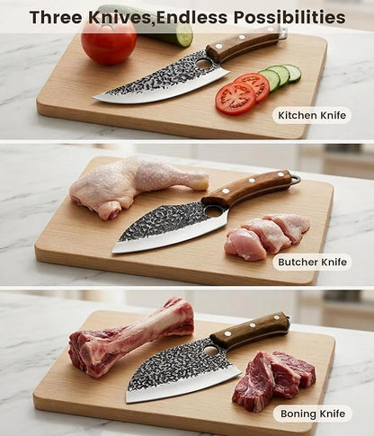 Newise 3-Piece Kitchen Knife Set, Chef Knife & Heavy Duty Meat Cleaver & Universal Chopping Knife, Japanese Steel with Beech Wood Handle, Essential Cutting Knives Set for Home Cooking